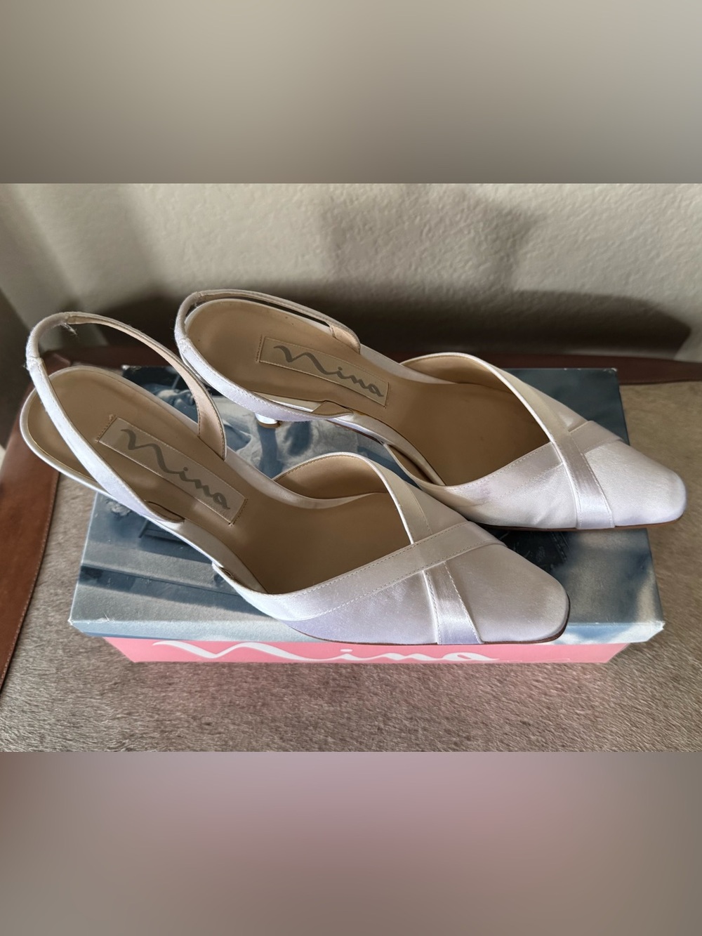 Vintage 90s Nina Ivory Satin Dyeable Bridal Heels Slingback Pumps 8.5 - Picture 4 of 10